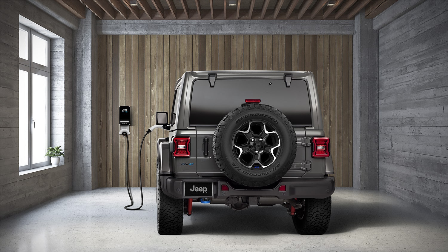 electric Jeep charging in garage