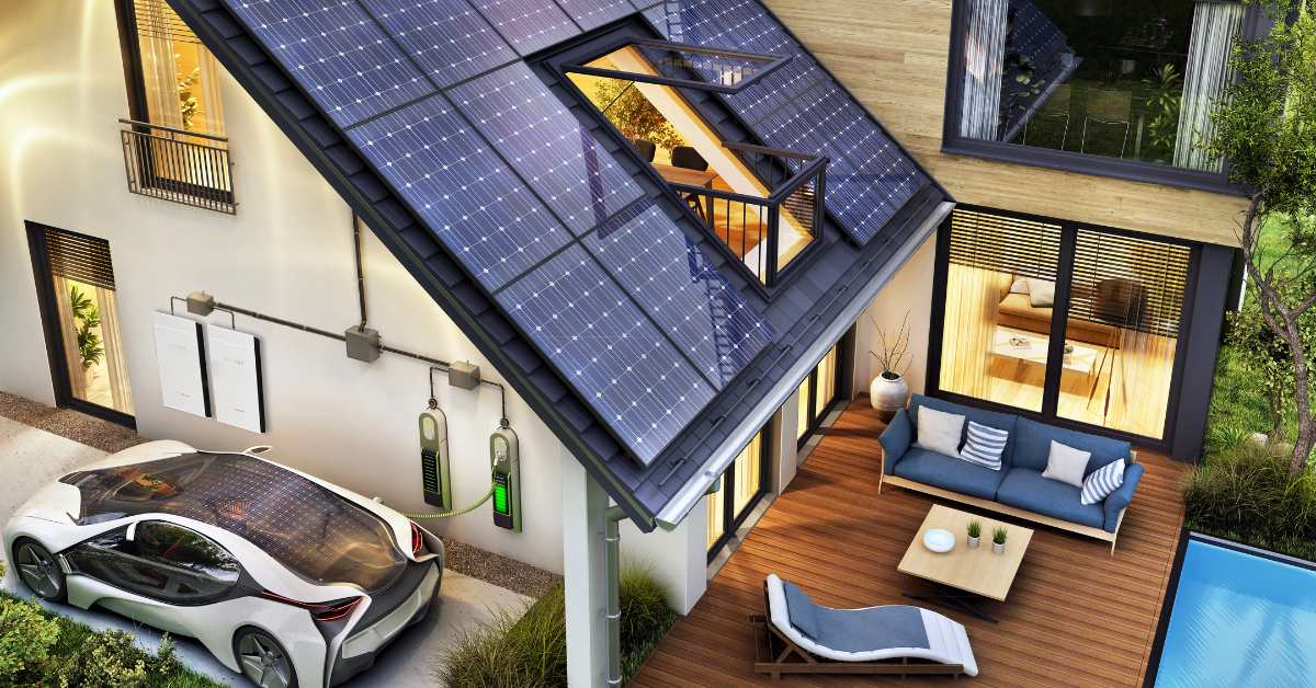 why ev owners should consider solar thumbnail image showing an electrified home with solar panels, batter storage, and level 2 ev charging stations charging an electric vehicle
