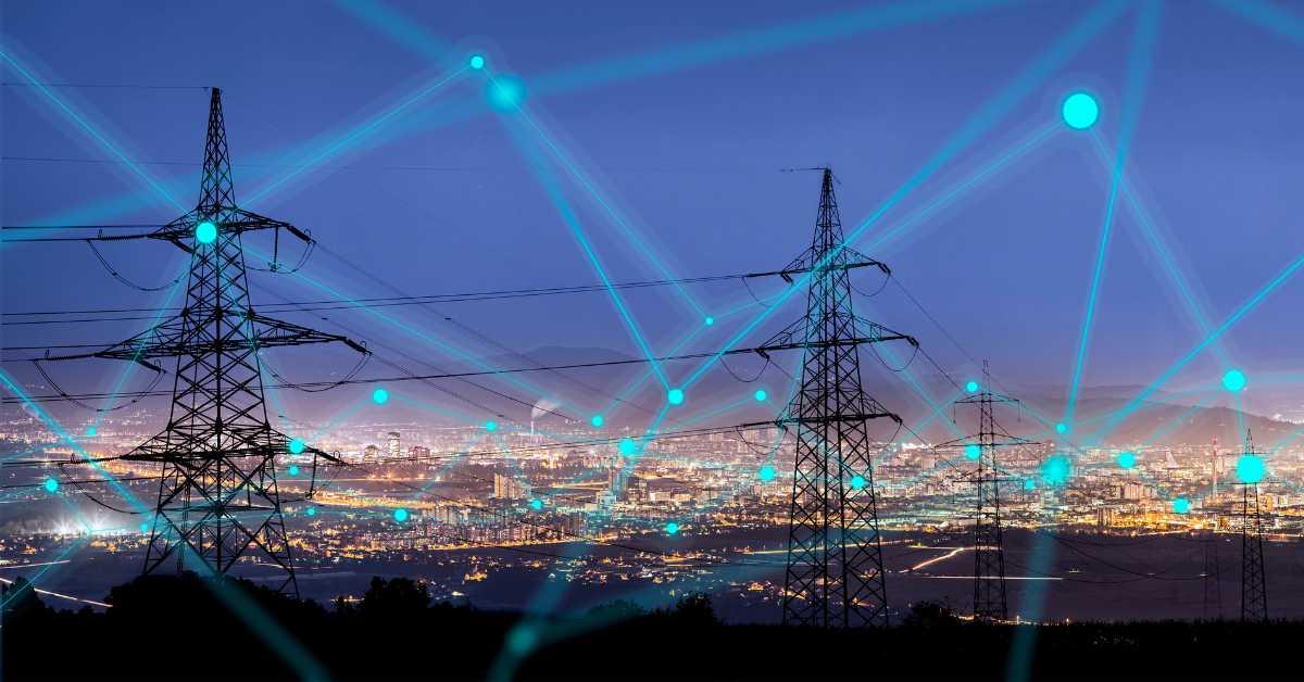 a network of powerlines demonstrating the interconnectivity of a smart grid with electrification technologies such as bidirectional ev charging, solar panels, battery storage, and distribution intelligence and asset management to optimize power distribution and boost grid stability and resilience.