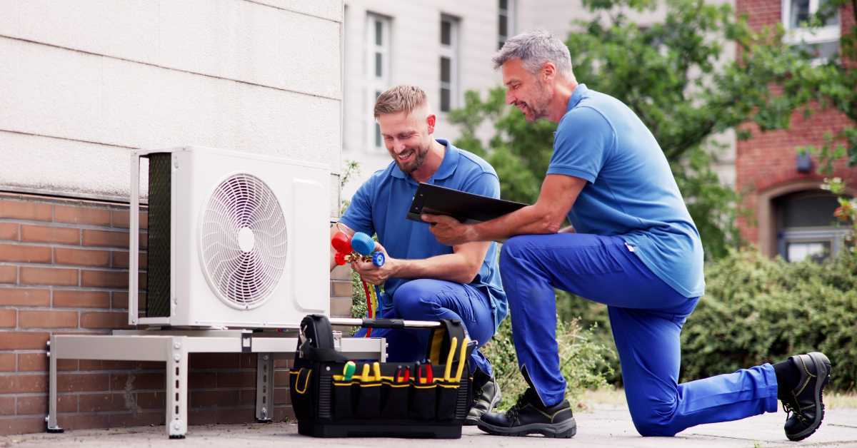 two electricians install a residential heat pump, an energy efficient appliance that is part of a growing trend in whole home electrification and the greater energy transition.
