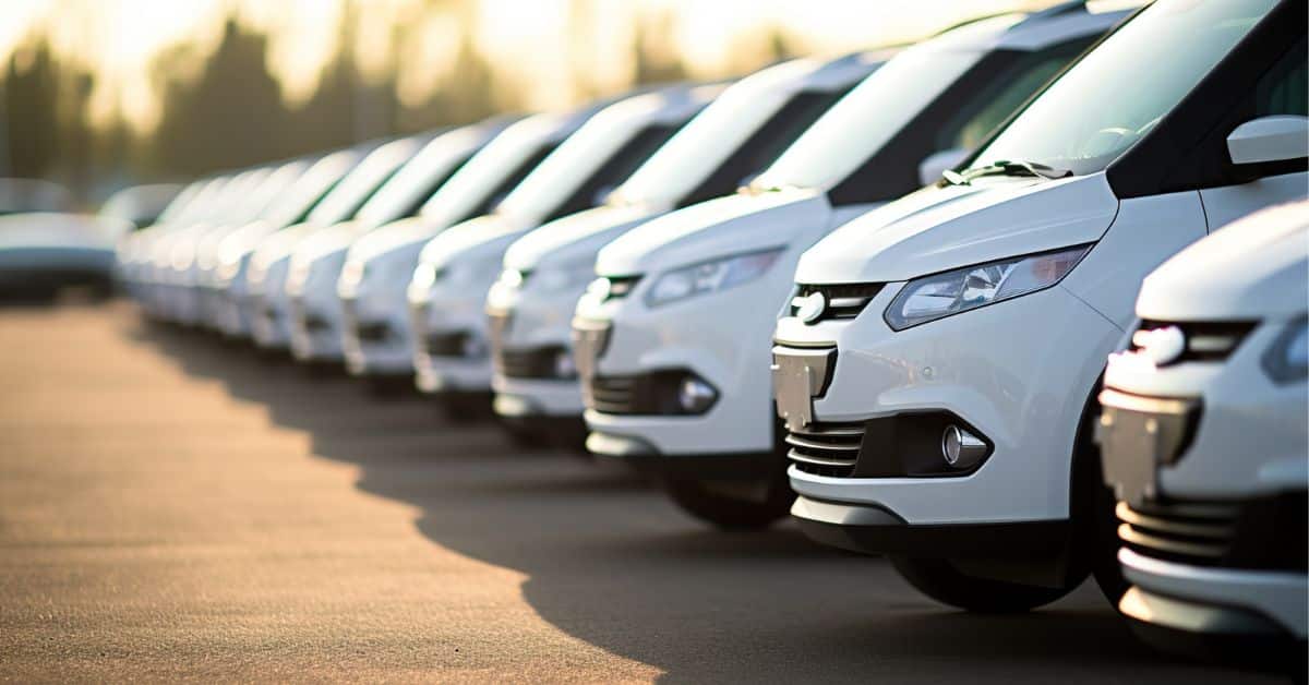 A row of pristine electric vehicles representing a new EV fleet, exemplifying considerations and evaluations related to the total cost of ownership for environmentally conscious fleet management