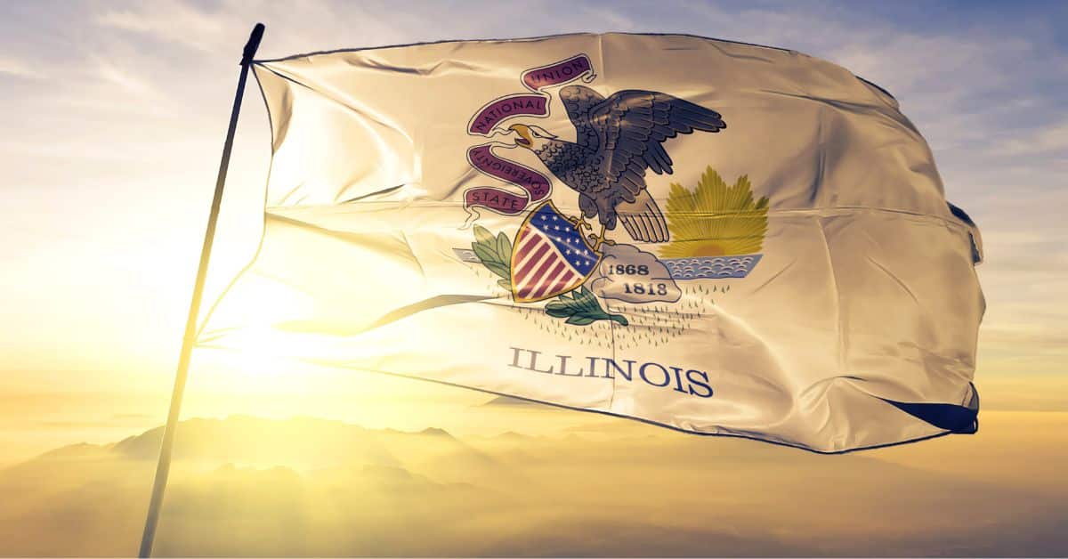 The Illinois state flag gracefully waving atop a misty sunrise, representing the dawn of a new era in Illinois EV charging infrastructure and the state's commitment to green transportation