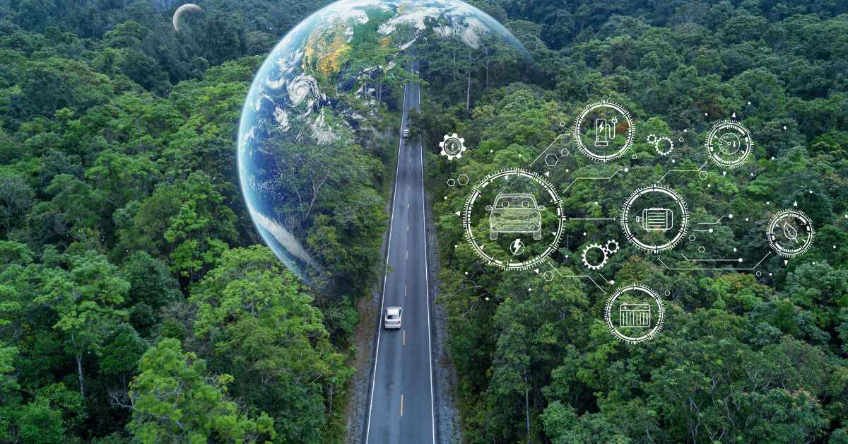 An electric vehicle smoothly navigating through a serene forest, highlighting the alignment of fleet electrification with commercial ESG goals for a more sustainable future