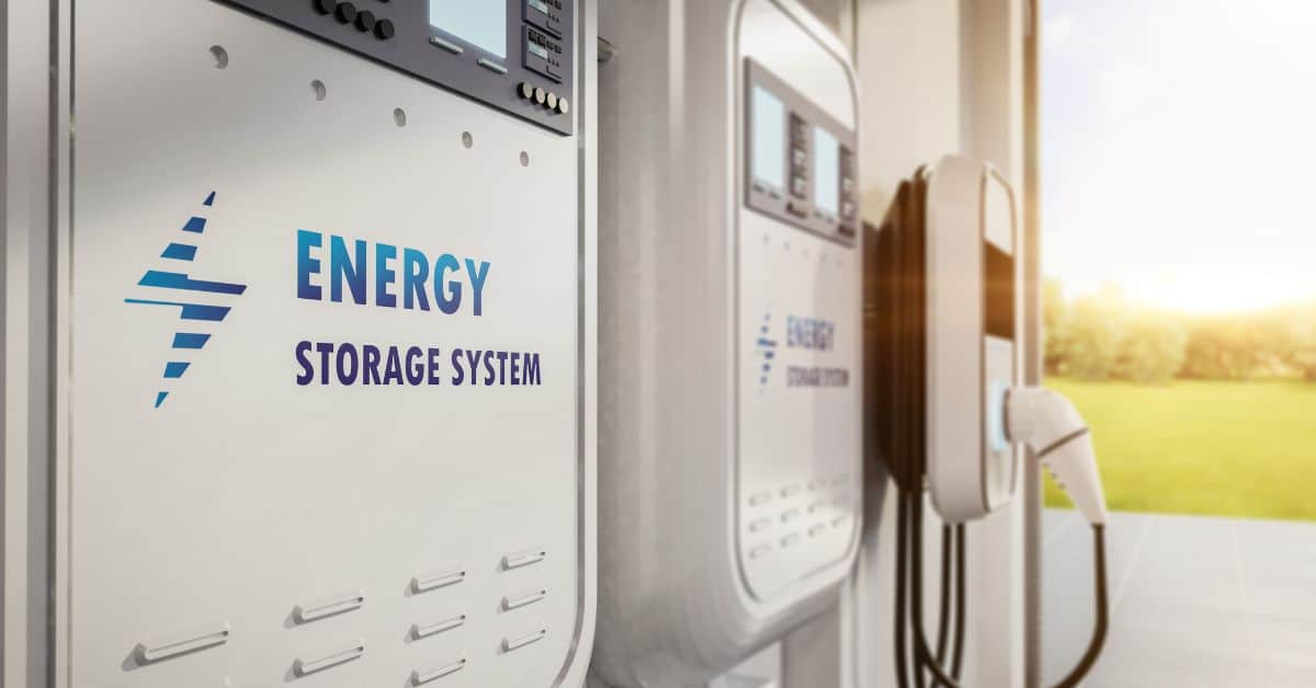 Energy storage system and an EV charger in a home garage setting, illustrating the technological advancements and capabilities of energy storage systems for efficient electric vehicle charging