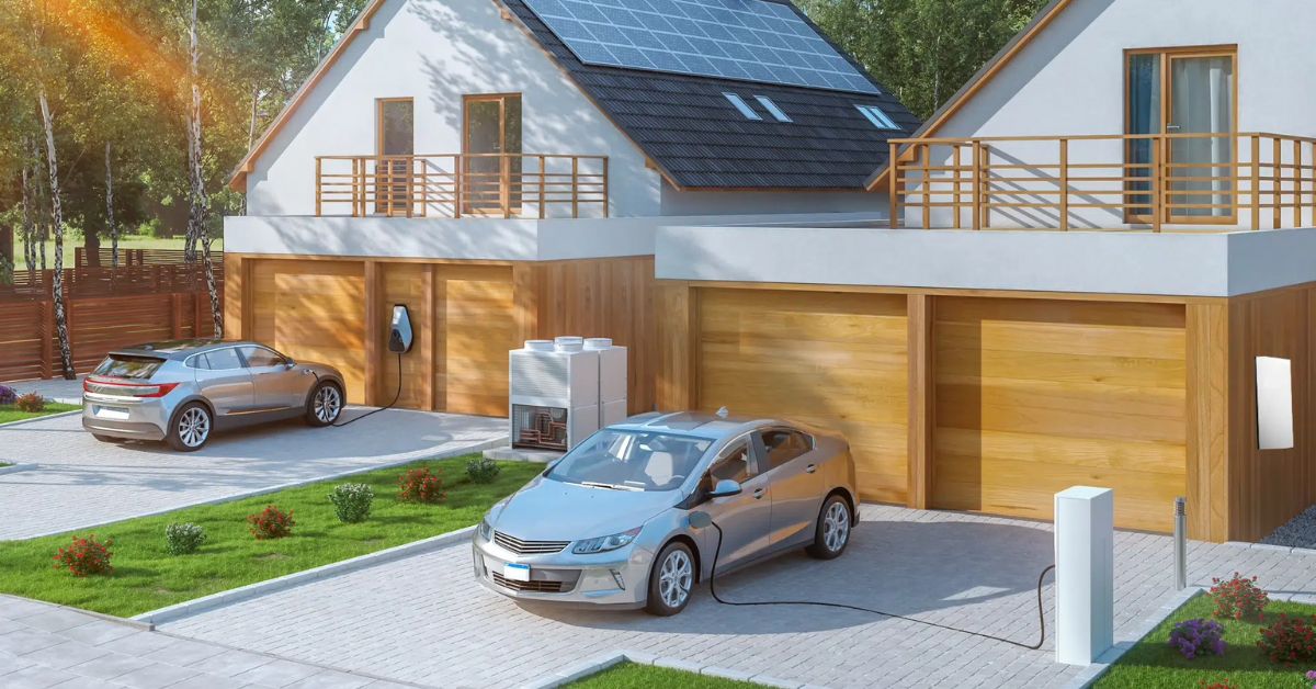 Discover a sustainable future as two electric vehicles charge effortlessly beside a contemporary home, drawing power from advanced energy storage batteries. Witness the synergy of eco-friendly transportation and household energy needs seamlessly met by cutting-edge technology.