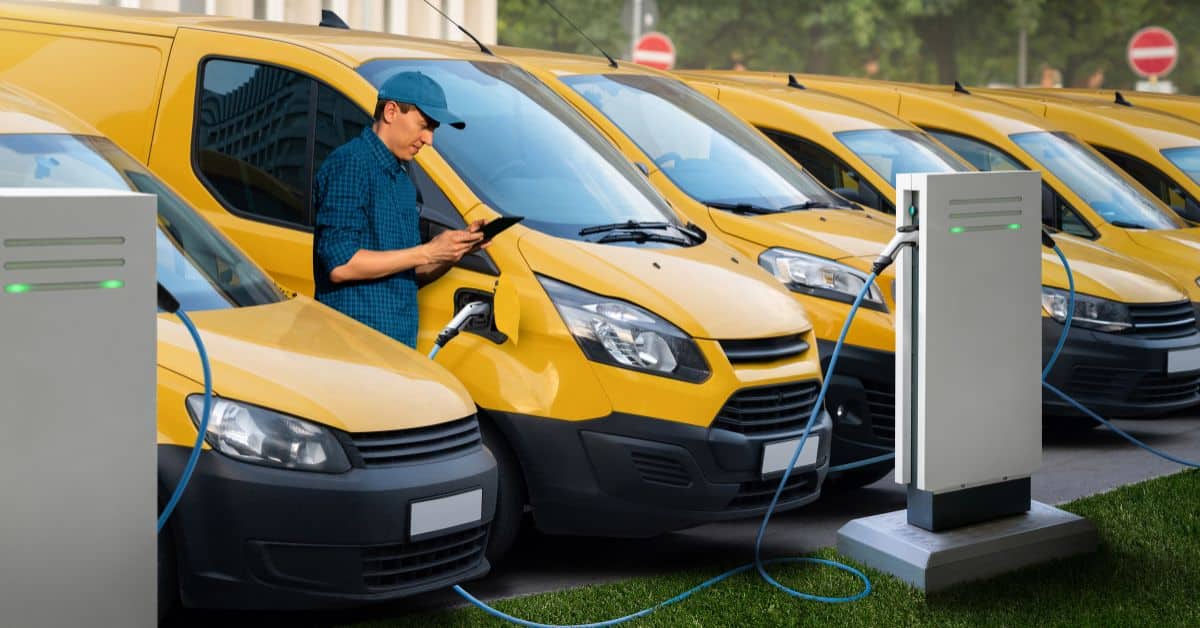 A man at an outdoor parking lot, surrounded by a freshly assembled electric vehicle fleet connected to EV chargers, illustrating the advantages that an electric vehicle fleet management system can bring to businesses