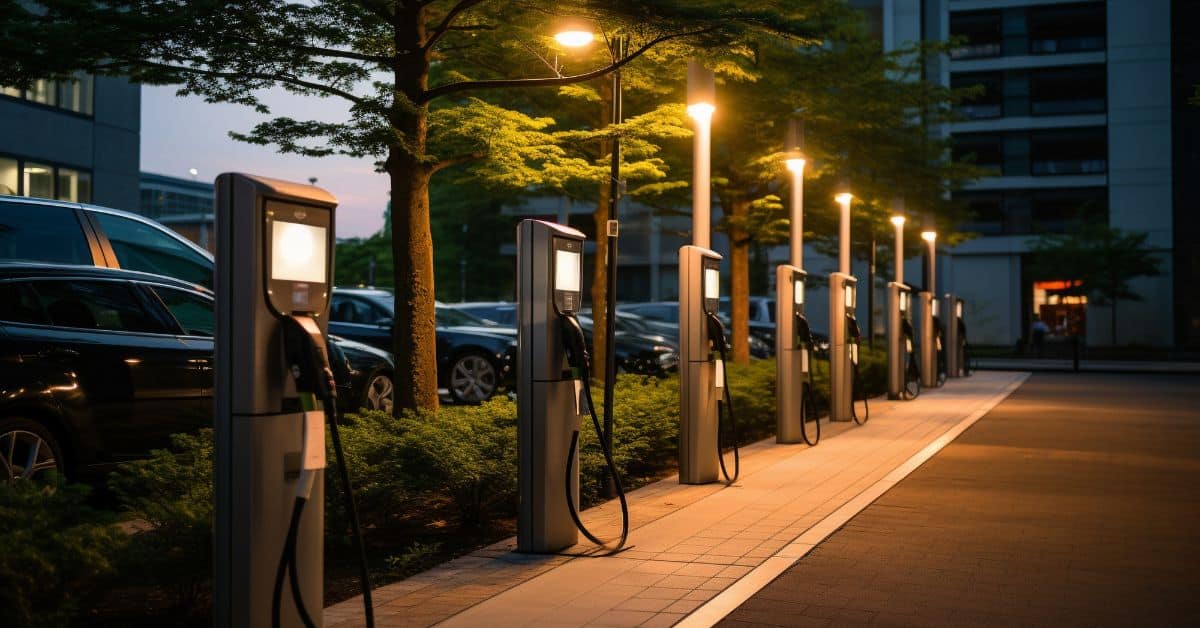 A view of a public parking area equipped with charging points for electric vehicles, representing the development and future prospects of EV charging infrastructure, and emphasizing the evolving future of EV charging