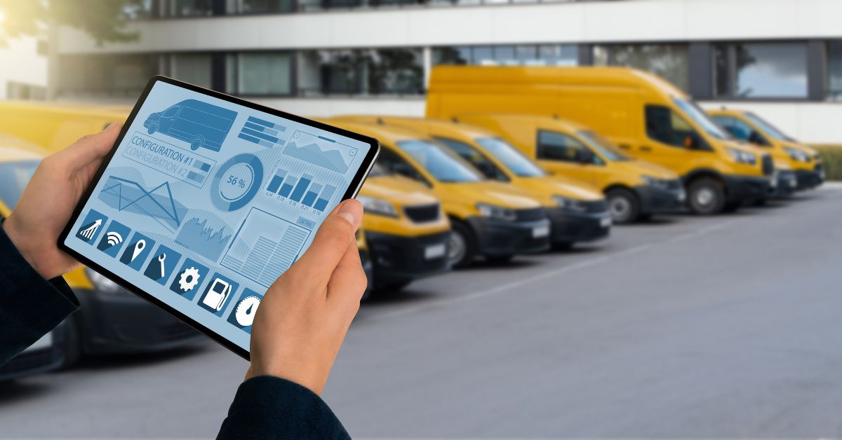 A person adjusting EV charging settings on a tablet with an electric vehicle fleet in the background, encapsulating the essence of electric vehicle fleet management