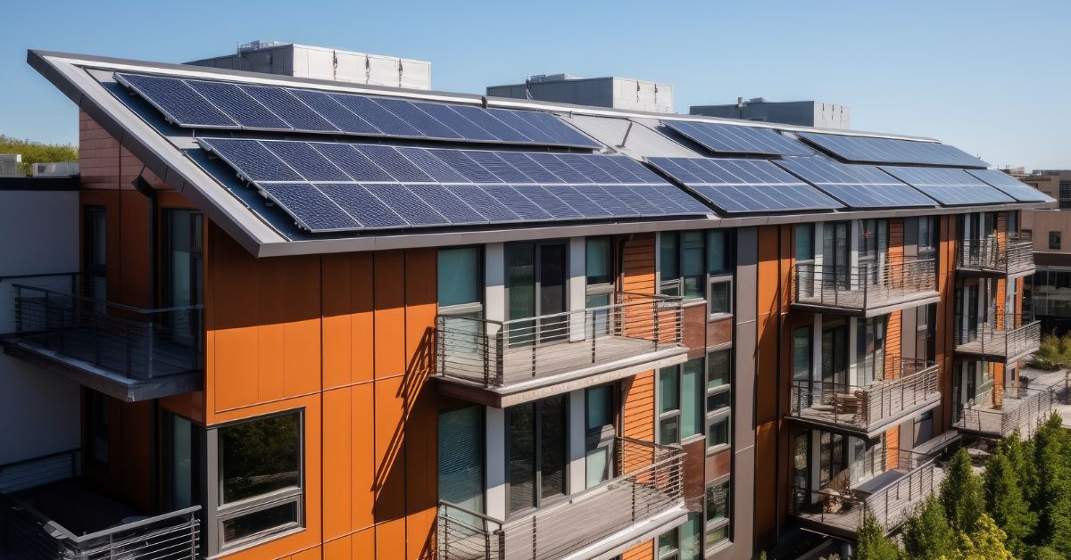 Multi-unit residential building with solar panels on the rooftop, illustrating practical strategies for minimizing solar panel installation costs in multifamily properties