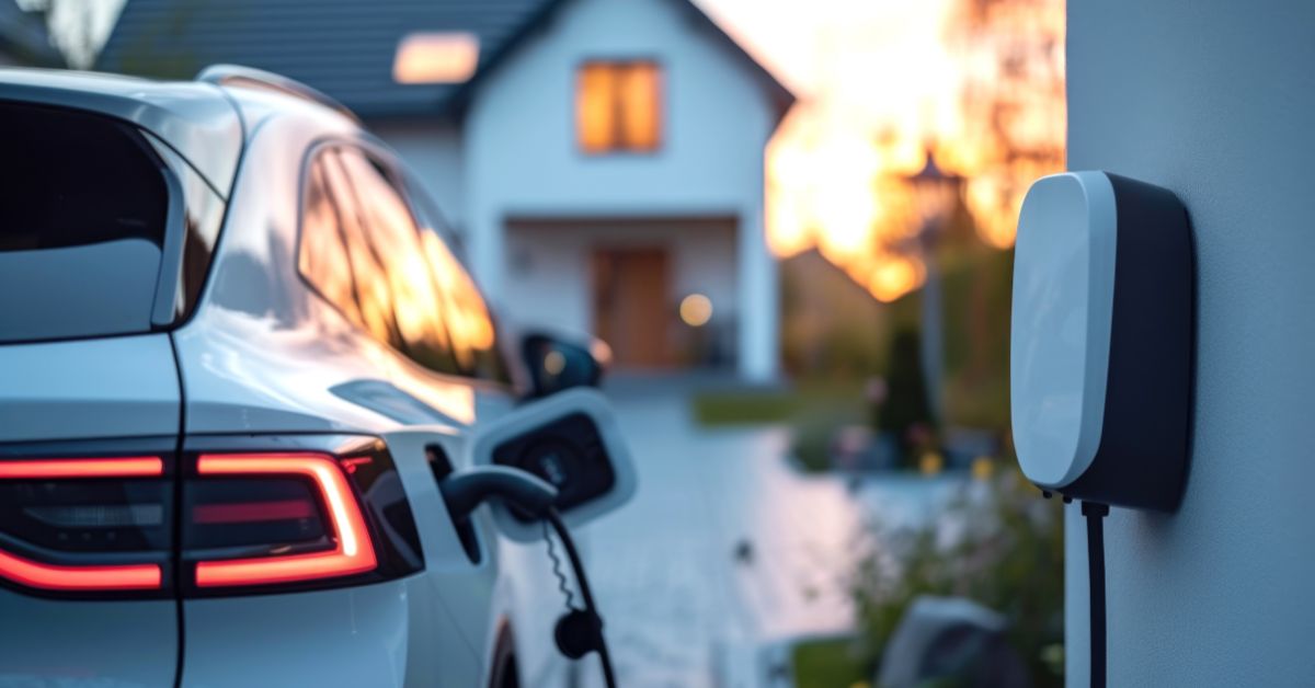 An electric car is shown parked in a residential driveway, connected to a charging station, emphasizing the concept of home EV charger installation