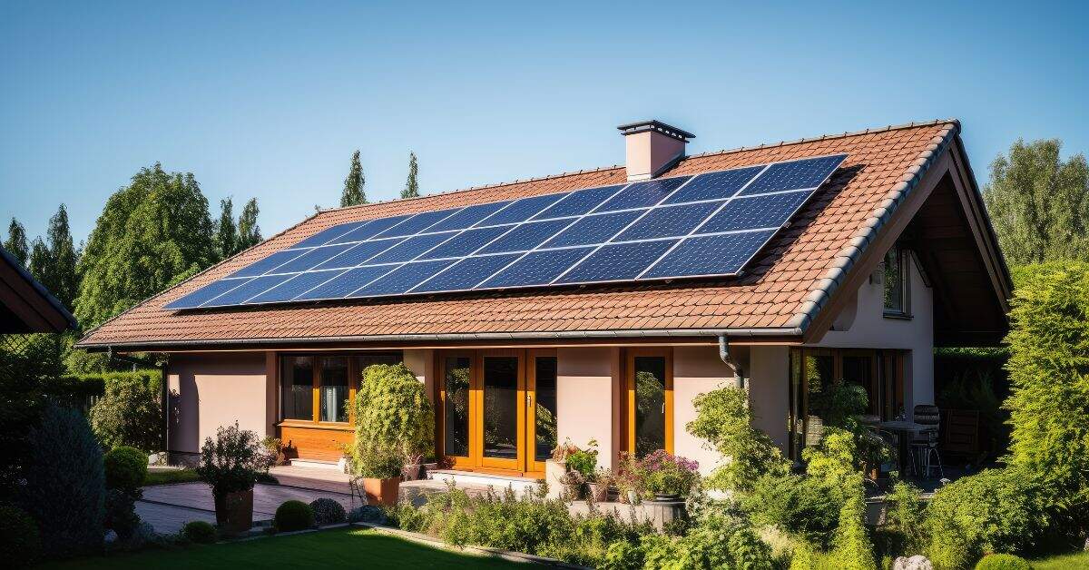 A residential house equipped with solar panels, emphasizing the renewable nature of solar power in response to the query: is solar power renewable?