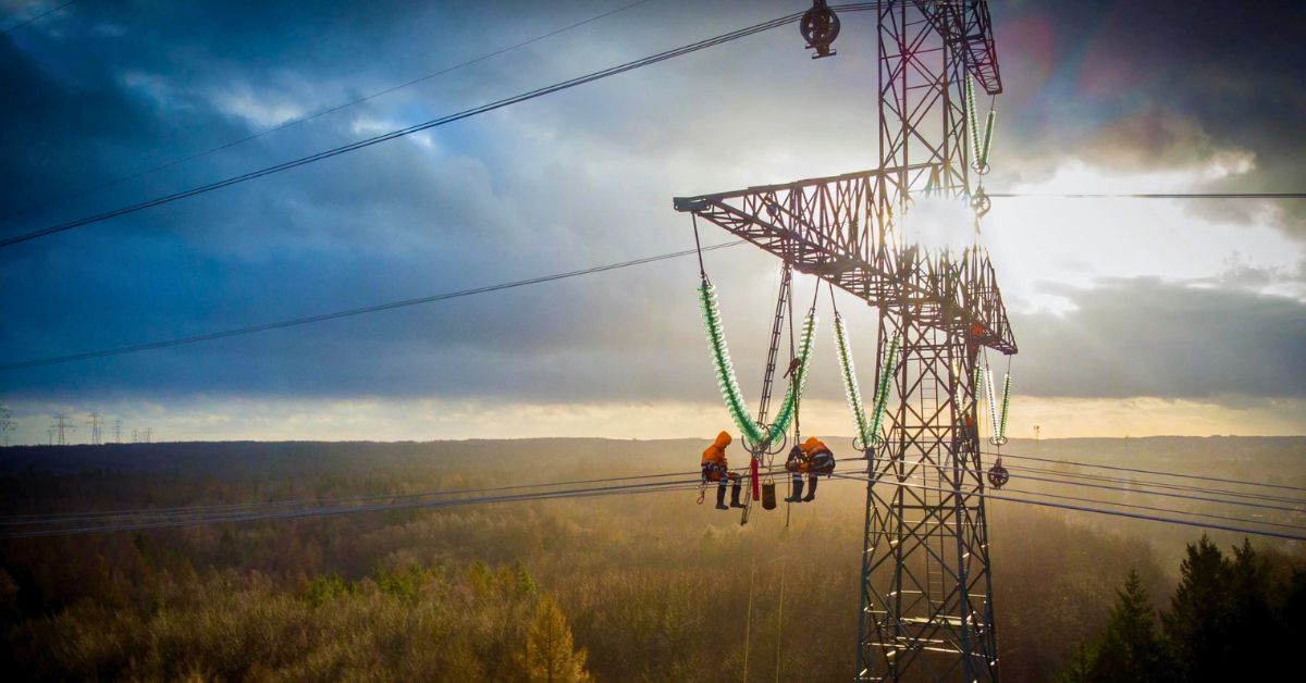 Two electrical contractors diligently working on a transmission tower, prompting reflections on whether electricians are in demand in America and the potential trajectory of the industry