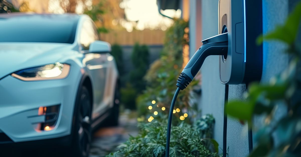 A home-based electric vehicle (EV) charging port connected to a wall-mounted charger, highlighting the significance of ensuring high-quality installation for an EV charging station
